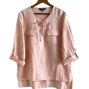Ellen Tracy Linen Tunic Top Sz L Peach Pink Beachy quiet luxury coastal